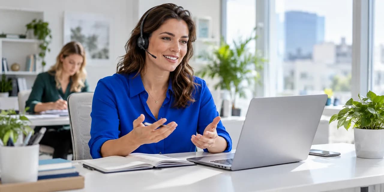Illustrative business scene: a specialist listening to a conversation at a bright workspace while a colleague reviews work.