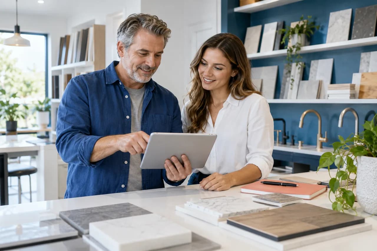 Illustrative business scene: an owner and team member use a tablet to review work in a home-services showroom.