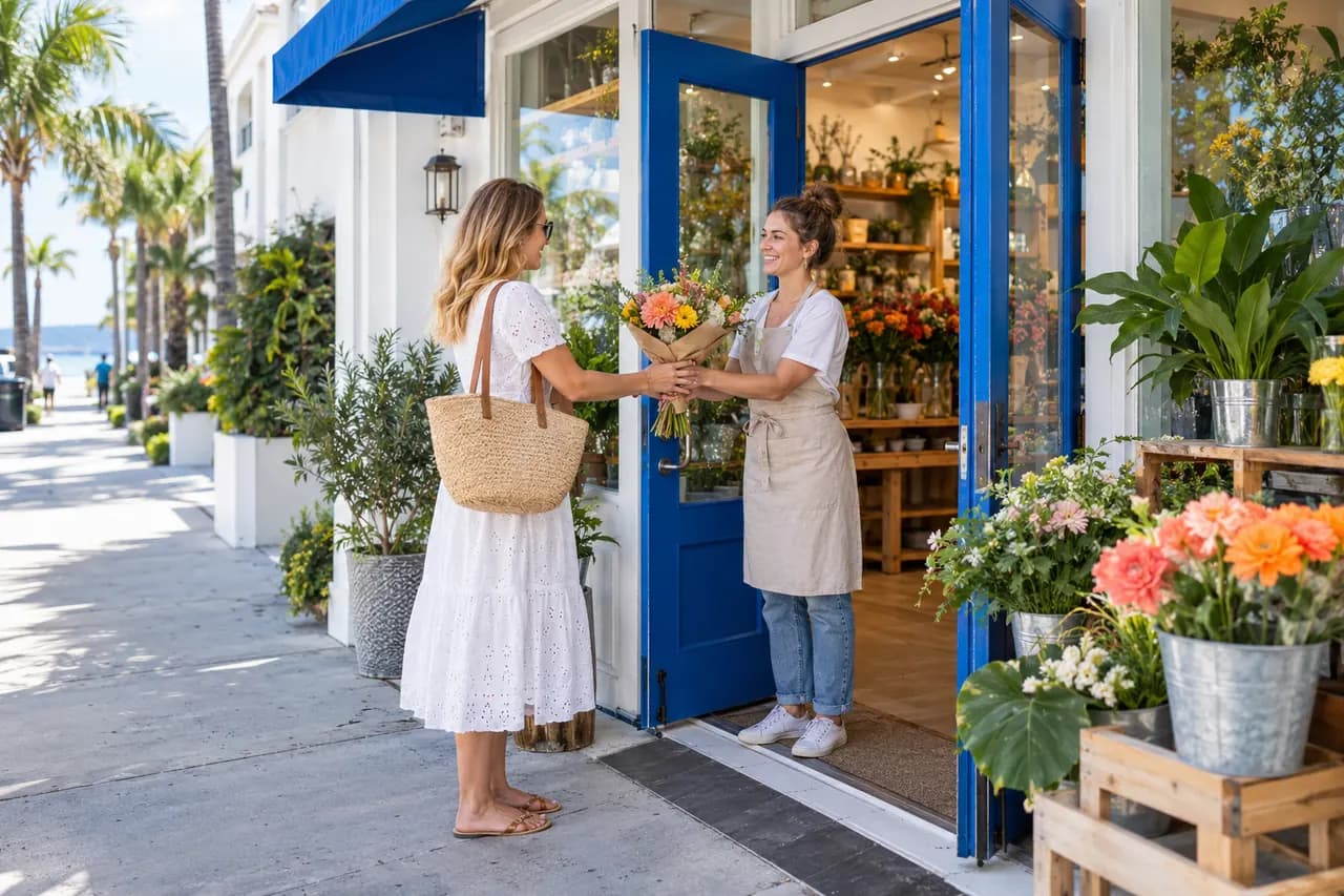 Illustrative local business scene: a florist serves a customer outside a welcoming blue-and-white shop.