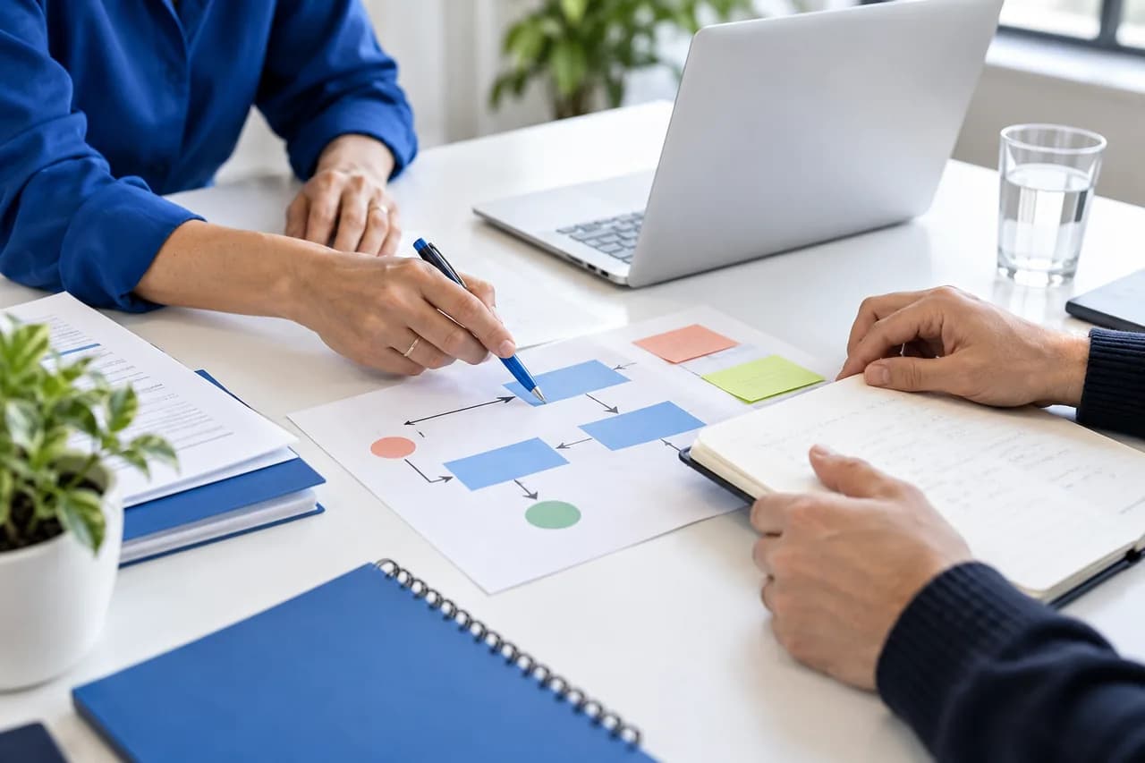 Illustrative workflow planning detail: colleagues use a pen, a paper process map, and a notebook to agree on a practical next step.