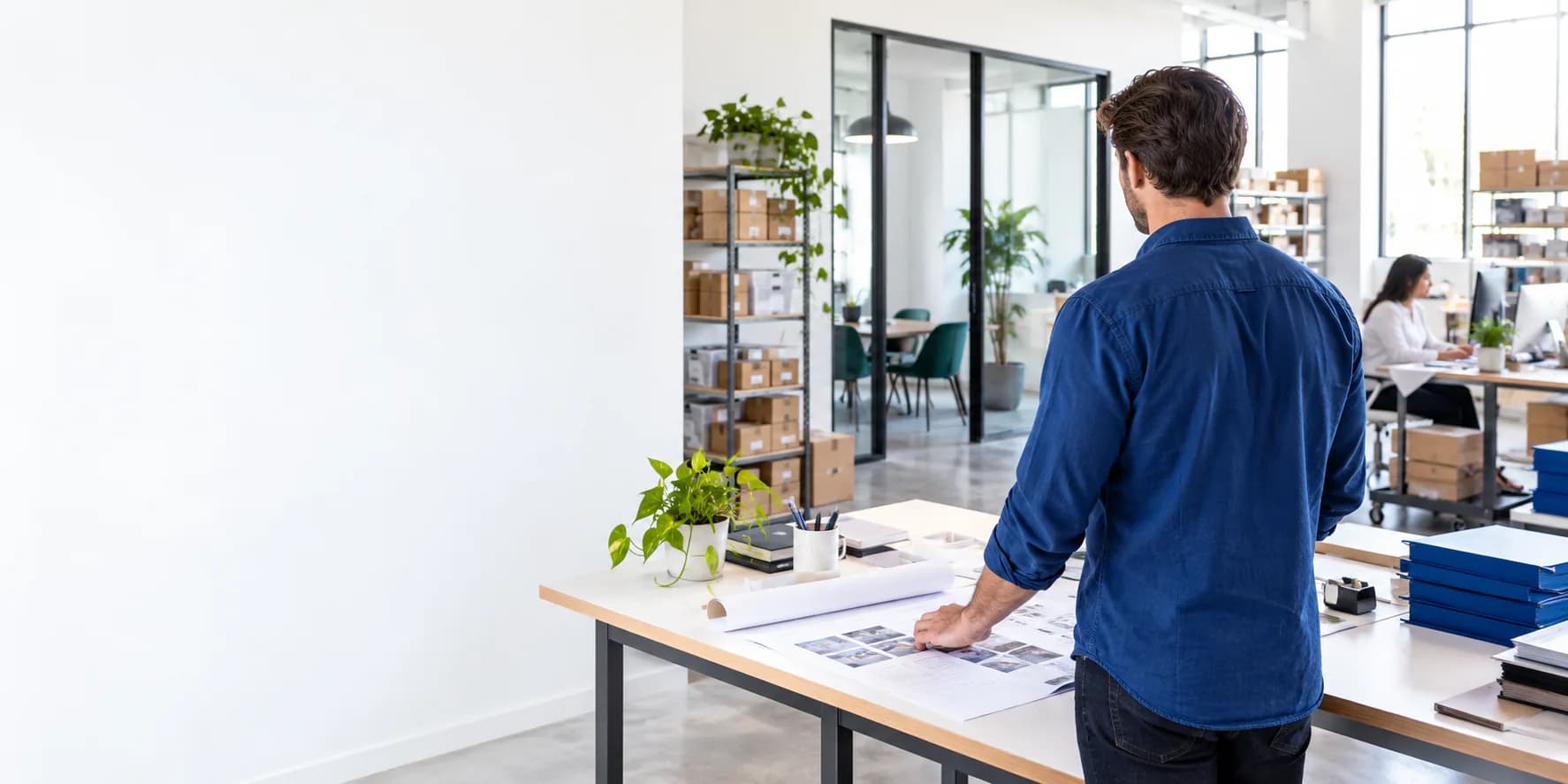 Illustrative business scene: an operator reviewing a work plan while the team handles everyday operations in a bright office