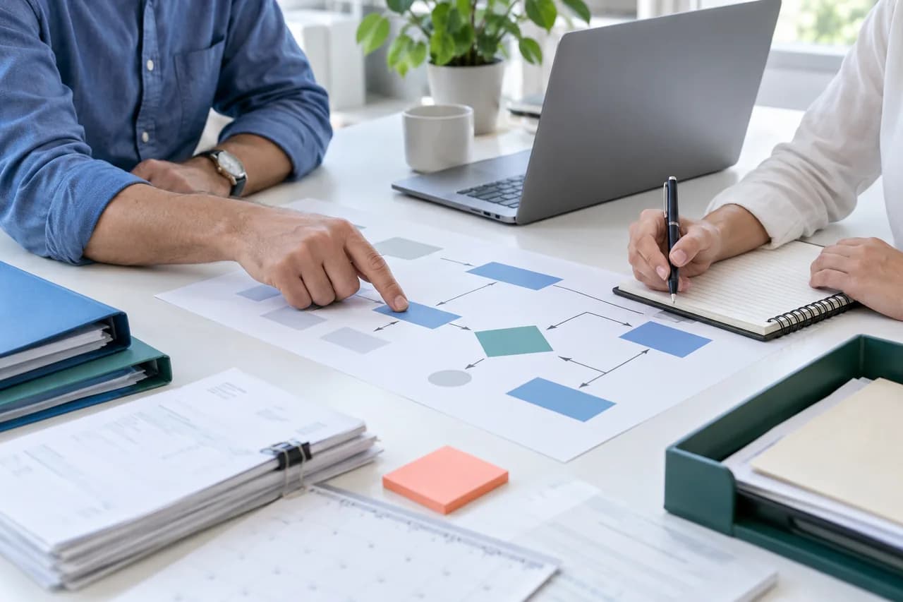 Illustrative workflow planning: two colleagues map a business process with documents, a notebook, and a laptop at a working table.