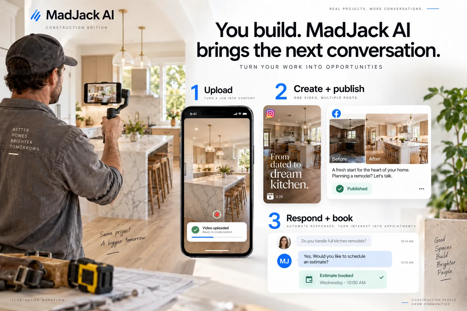 A construction project becomes social content, replies and a booked estimate